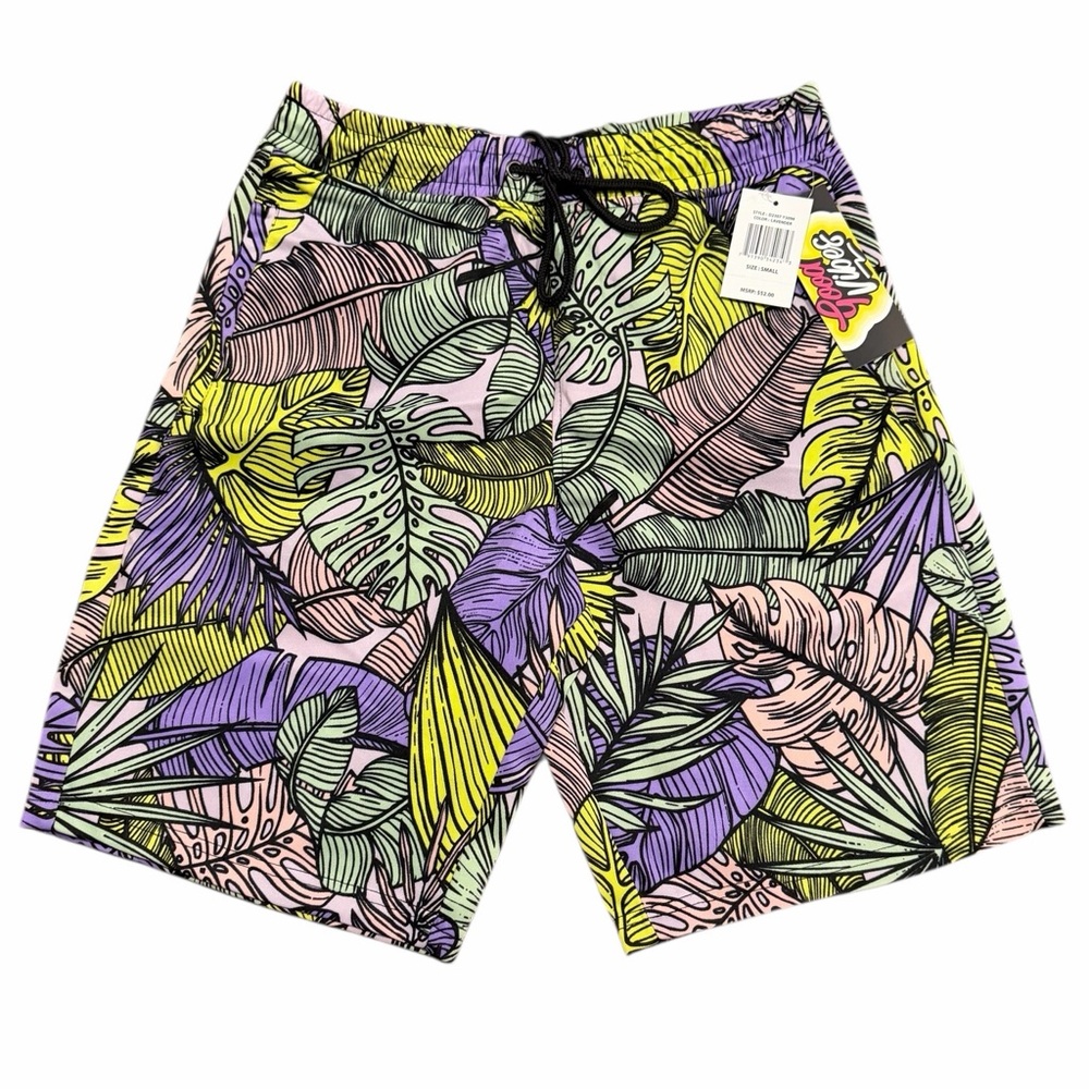 Good Vibes Tropical Leaf Shorts Lavender Yellow Graphic‎ Drawstring Men 1-S 1-XL